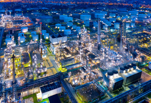 Aerial view of twilight of oil refinery  Shot from drone of Oil refinery plant  refinery Petrochemical plant at dusk   Bangkok  Thailand.