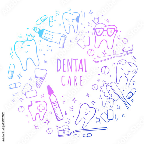 Handdrawn dental and orthodontic neon color vector set: tooth with braces, implant, healthy tooth, irrigator,tooth brushes, paste, mouth wash, interdental and orthodontic brushes Lettering Dental Care