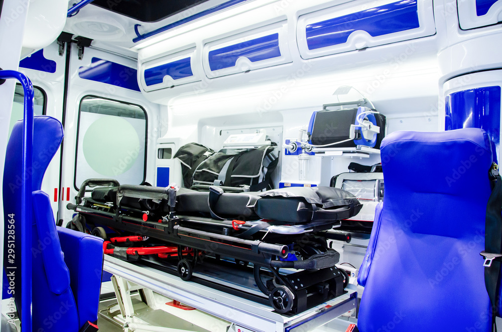 Inside an ambulance car with medical equipment. Inside an ambulance car with medical equipment.