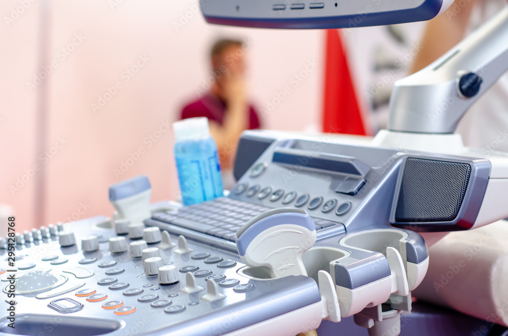 Close-up of ultrasound machine in clinic.
