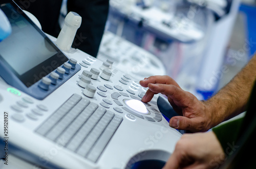 Close-up of ultrasound machine in clinic.