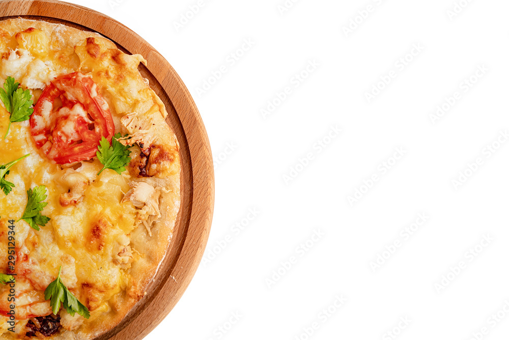 a half of homemade pizza on a board isolated on white background with clipping path and copy space