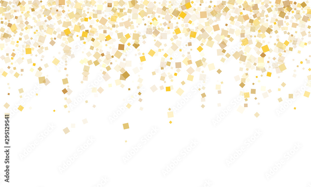Carnival gold square confetti tinsels falling on white. Shiny New Year vector sequins background. Gold foil confetti party particles isolated. Light dust sparkles party background.