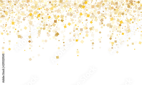 Carnival gold square confetti tinsels falling on white. Shiny New Year vector sequins background. Gold foil confetti party particles isolated. Light dust sparkles party background.