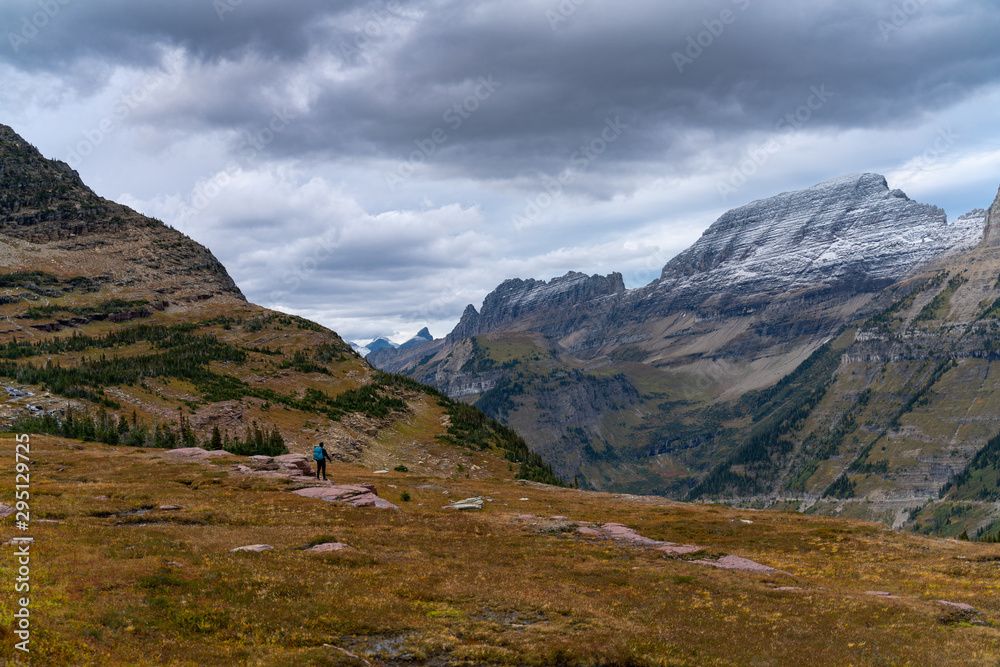A young man standing on a rock while looking at the amazing landscape of Logan Pass, Montana.