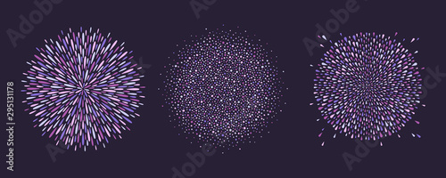 Round violet, purple colorful backgrounds set, collection. Sphere shape, magic circle made of drops, uneven dots, paint splashes, specks, tiny spots, blobs. Radial firework templates, design elements.