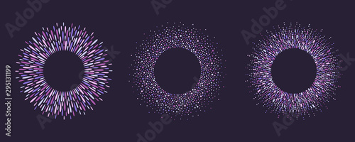 Round lilac, purple colorful frames set, collection. Ring shape, magic violet circle made of drops, uneven dots, paint splashes, specks, tiny spots, blobs. Radial templates for borders, backgrounds.