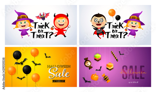 Trick or treat white, orange, violet banner set with monsters © PCH.Vector
