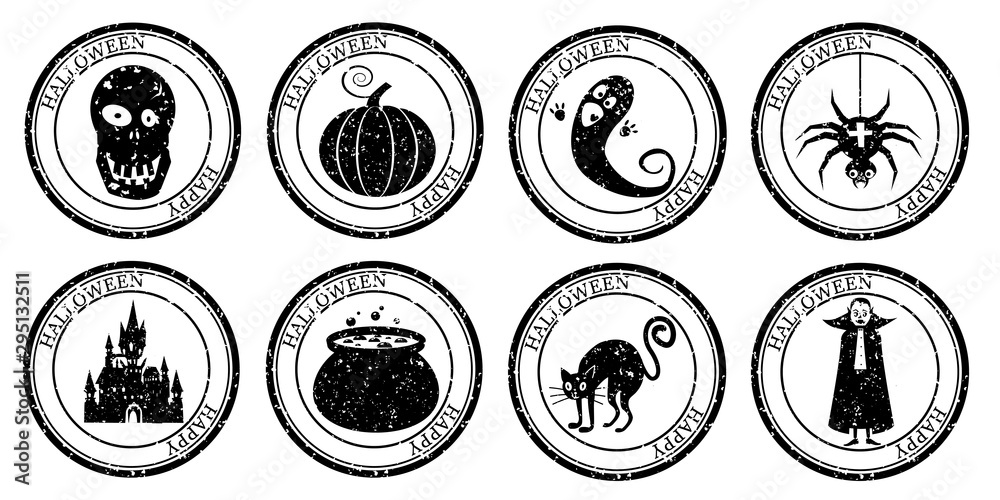 Set Halloween Stamp Postal. Pumpkin Cauldron Scull Castle Cat Vampire Ghost Spider Silhouette Seal. Passport Round Design. Vector Icon. Design Retro Travel. Set Halloween Stamp Postal. Pumpkin Cauldron Scull Castle Cat Vampire Ghost Spider Silhouette Seal. Passport Round Design. Vector Icon. Design Retro Travel.