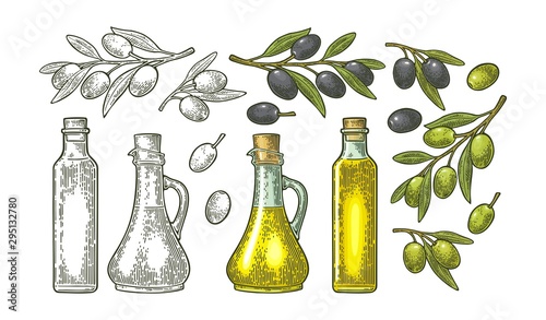 Bottle glass oil with cork stopper and branch olive with leaves