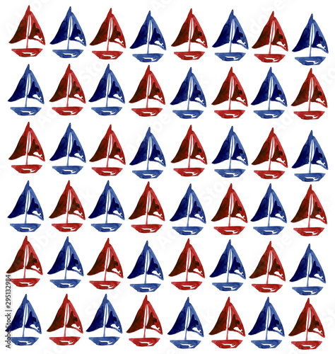 seamless pattern with red and blue ships, nautical style.
