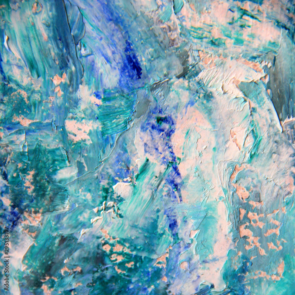 Turquoise marble texture. Abstract oil paint on canvas is written by palette knife. Closeup of dabs painting. 