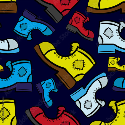 Seamless pattern. Old multi-colored boots isolated on a blue background. Vector drawing. Texture.