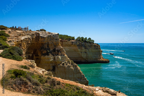 Imposing cliffs of Algarve overlooking the Atlantic Ocean above the Benagil cave, Lagoa, Portugal