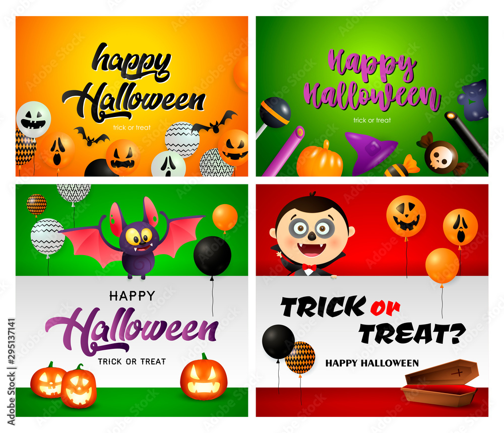 Trick or treat green, red banner set with vampire, bat, balloons Trick or treat green, red banner set with vampire, bat, balloons