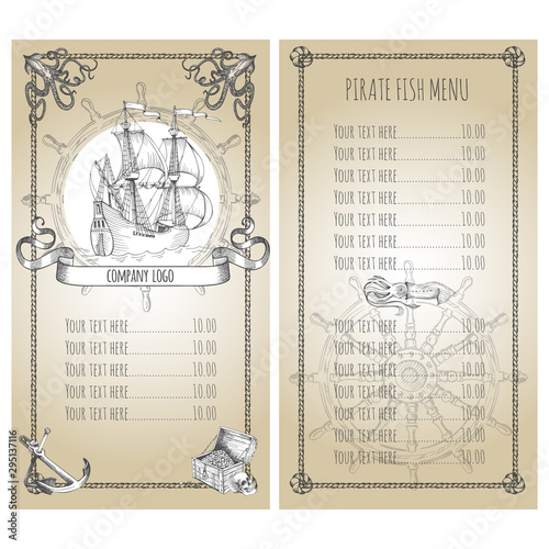 Adventure stories. Pirate background. Vintage border frame. Old caravel, vintage sailboat. Menu