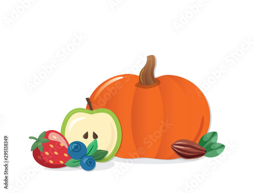 Autumn harvest cartoon icon. Pumpkin, fruits and berries. Isolated on white. vector