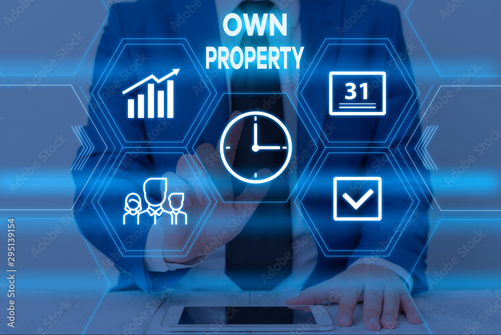 Text sign showing Own Property. Business photo text Things that you own and can take it with you Movable Tangible Male human wear formal work suit presenting presentation using smart device Text sign showing Own Property. Business photo text Things that you own and can take it with you Movable Tangible Male human wear formal work suit presenting presentation using smart device