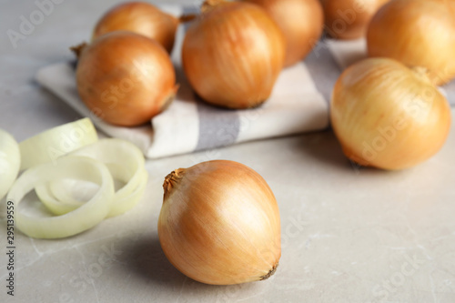 Fototapeta Naklejka Na Ścianę i Meble -  Ripe onions and rings on grey table
