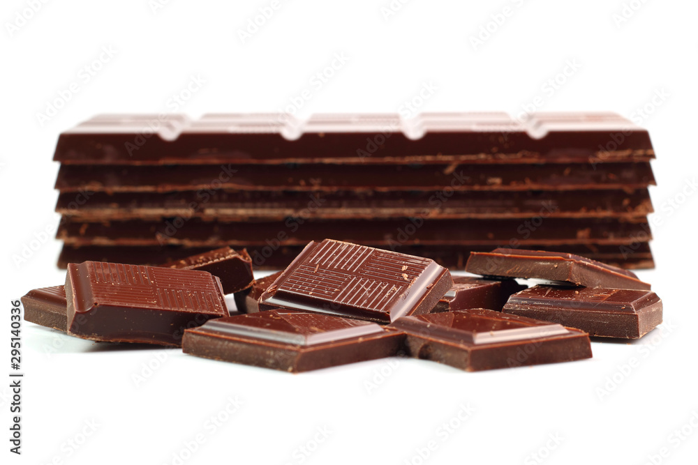 Dark Chocolate Tablet Stack and Bars. Isolated on white backgrou Dark Chocolate Tablet Stack and Bars. Isolated on white backgrou