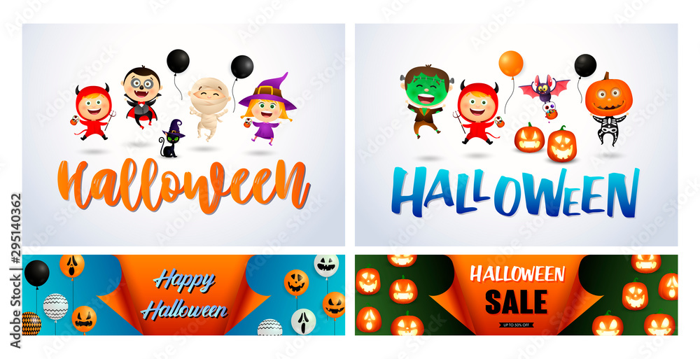 Fototapeta premium Halloween white, blue, green banner set with monsters