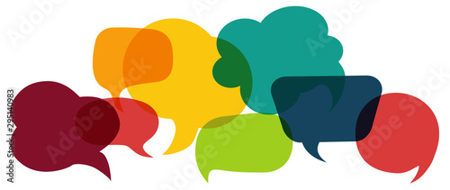 Communication concept. Colored speech bubble. Social network. Colored cloud. Speak - discussion - chat. Symbol talking and communicate. Friendship and dialogue diverse cultures