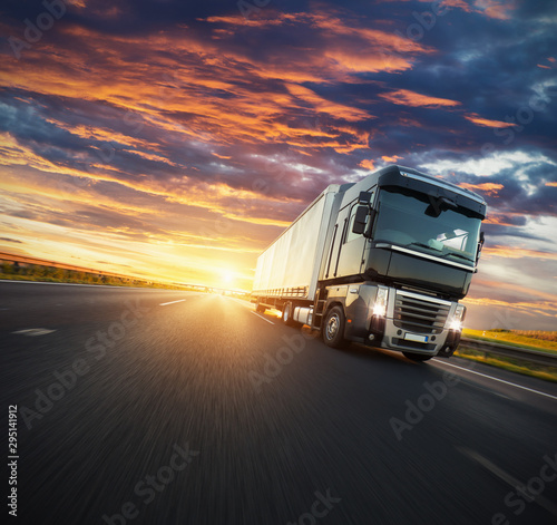 European truck vehicle with dramatic sunset light