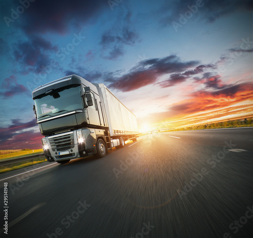 European truck vehicle with dramatic sunset light