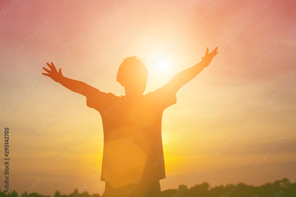 kid silhouette,Moments of the child's joy. On the Nature sunset