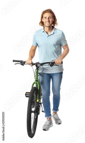 Happy young man with bicycle on white background © New Africa