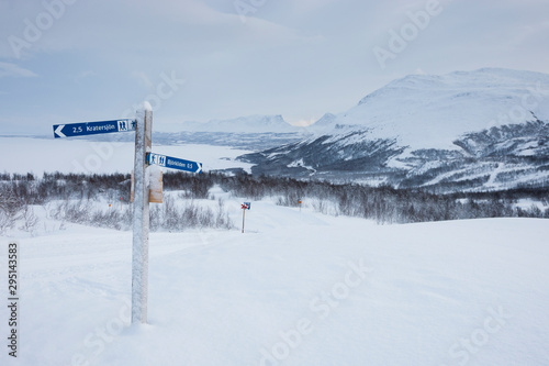 ABISKO, SWEDEN Signs for hikers to Kratersjon and Bjorkliden.