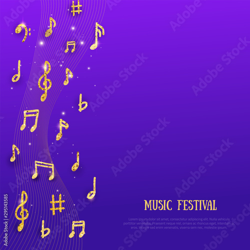 Music poster design with golden notes and waves on dark gradient. Abstract jazz flyer