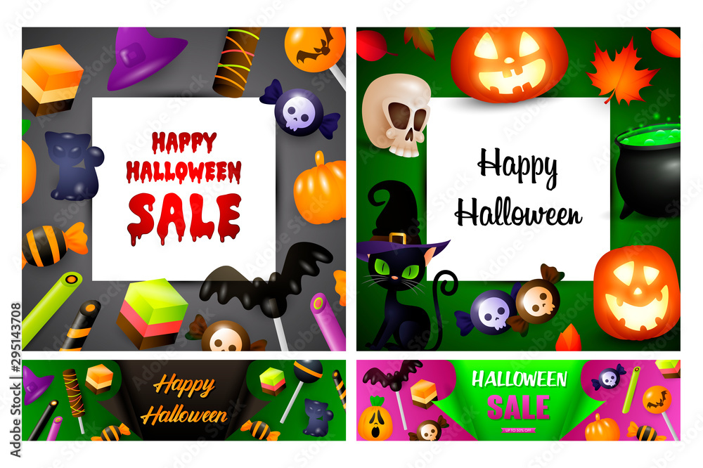 Fototapeta premium Halloween sale gray, green banner set with pumpkins