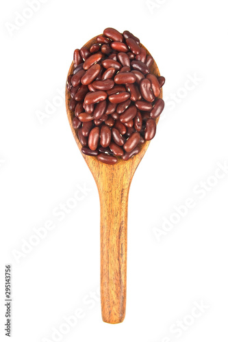 red beans with wooden ladle isolated on white