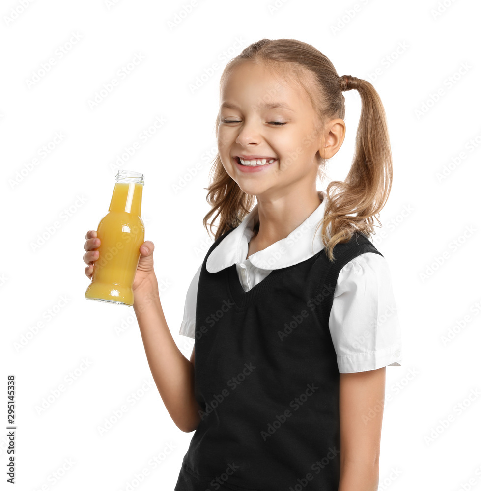 Happy girl holding bottle of juice on white background