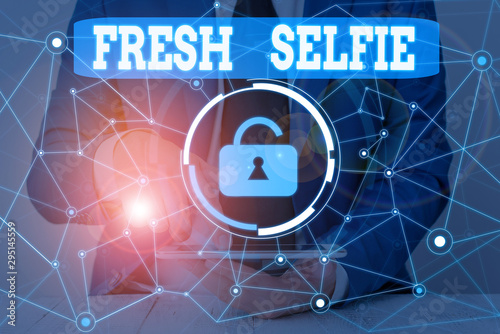 Text sign showing Fresh Selfie. Business photo showcasing take a picture of yourself with no makeup filter or edit Male human wear formal work suit presenting presentation using smart device