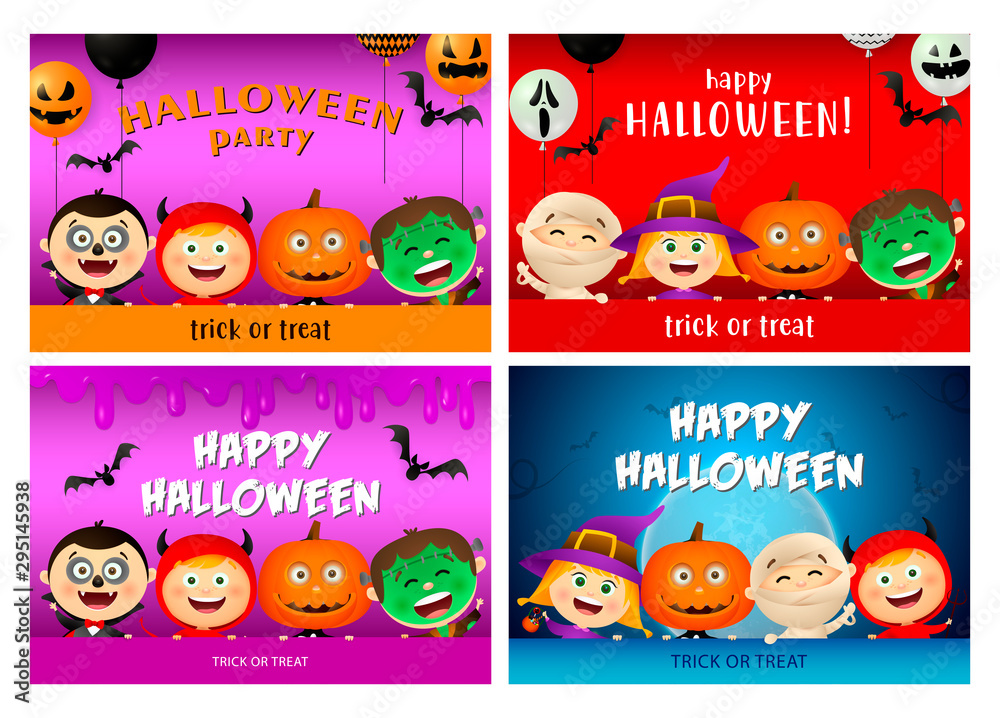 Fototapeta premium Happy Halloween purple, red, blue banner set with monsters