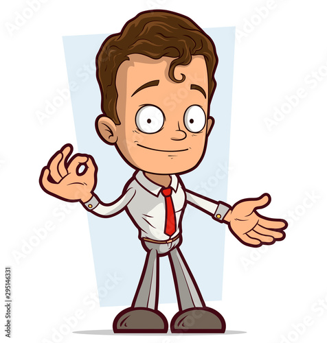 Cartoon brunette standing cute funny smiling boy character showing ok gesture with red tie. Isolated on white background. Vector icon.