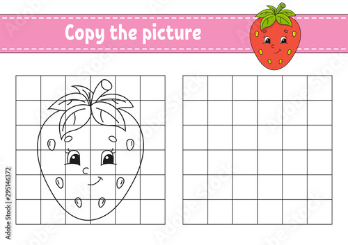 Copy the picture. Coloring book pages for kids. Education developing worksheet. Game for children. Handwriting practice. Funny character. Cute cartoon vector illustration.