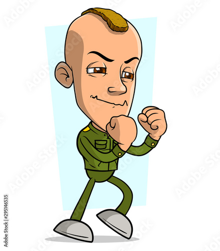 Cartoon brave angry army soldier man character with mohawk in green uniform showing knuckles and ready to fight. Isolated on white background. Vector icon.
