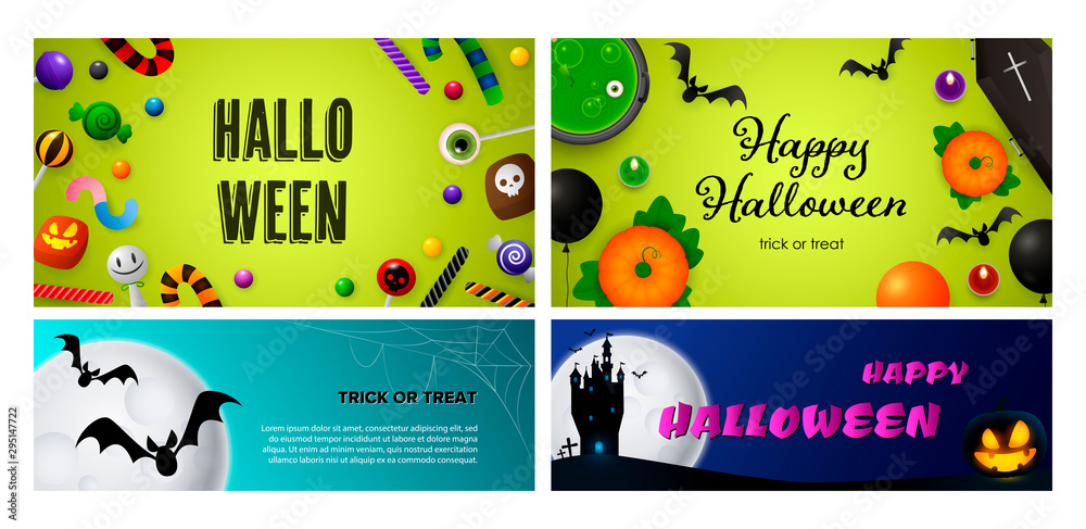 Happy Halloween green, blue banner set with candies and moon