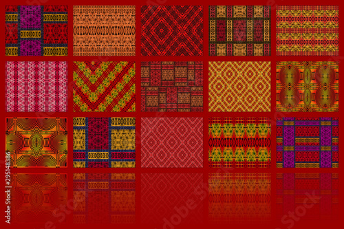 Mosaic of African fabrics, red background