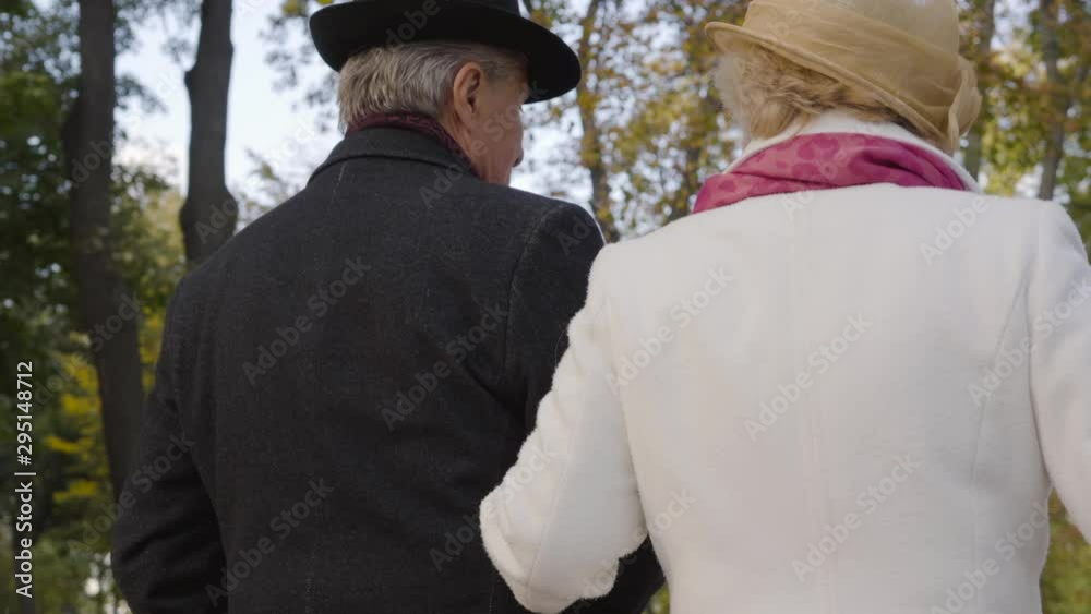 Back view of a Caucasian mature man in black hat and coat walking next to his wife in the autumn park. Married couple spending day together. Shooting over the shoulder. Back view of a Caucasian mature man in black hat and coat walking next to his wife in the autumn park. Married couple spending day together. Shooting over the shoulder.