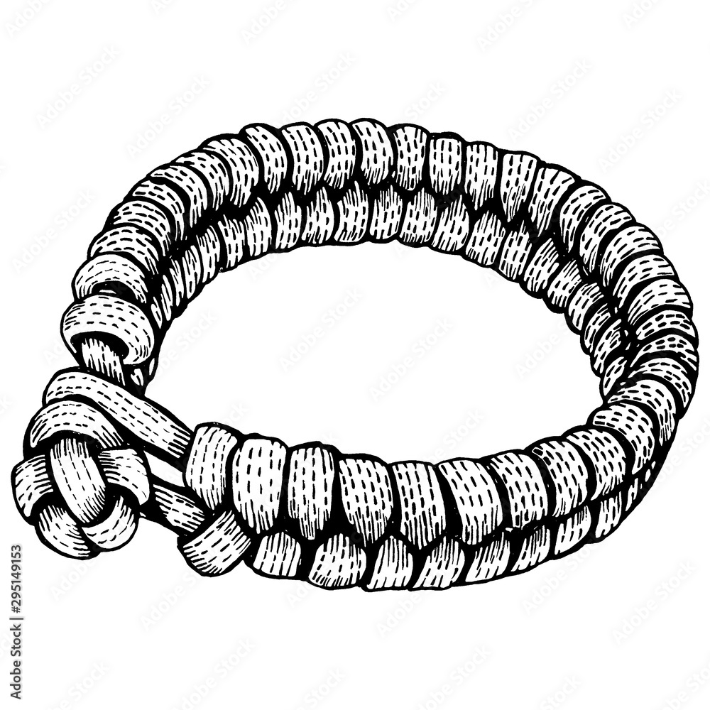 Black and white illustration of a hand-drawn paracord survival bracelet -  parachute cord bracelet, snake knot with ball and loop closure, isolated on  a white background Stock Illustration