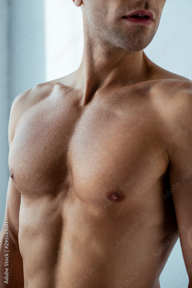 cropped view of shirtless man standing at home cropped view of shirtless man standing at home