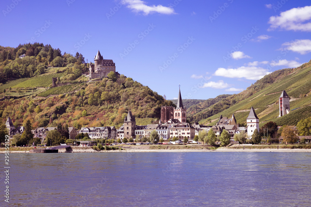 View of the village Bacharach and Castle Stahleck on the banks of the Rhine. Rhine Valley, Rhineland-Palatinate, Germany, Europe