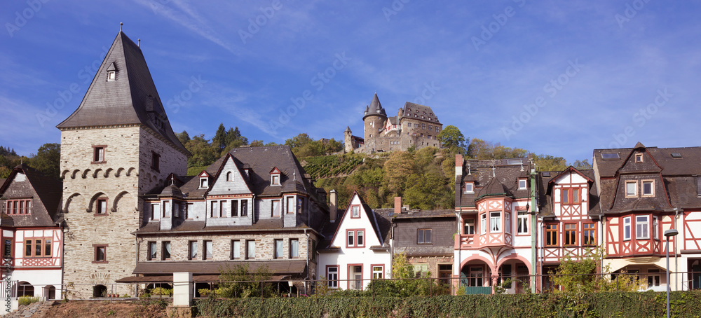View of the village Bacharach and Castle Stahleck on the banks of the Rhine. Rhine Valley, Rhineland-Palatinate, Germany, Europe