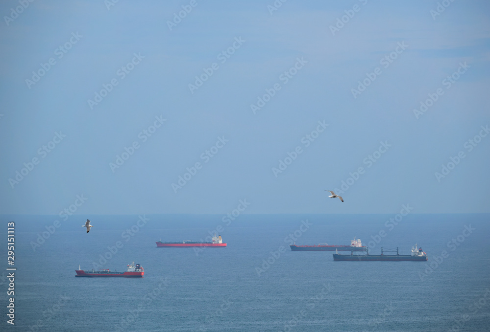 Cargo ships in sea and seagulls flying in the air Cargo ships in sea and seagulls flying in the air