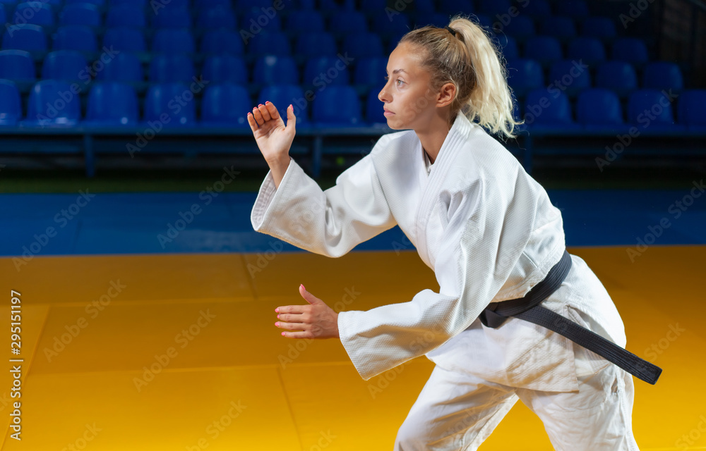 Martial artist man in white kimono with black belt stands in fighting stance indoor. Sport portrait Martial artist man in white kimono with black belt stands in fighting stance indoor. Sport portrait