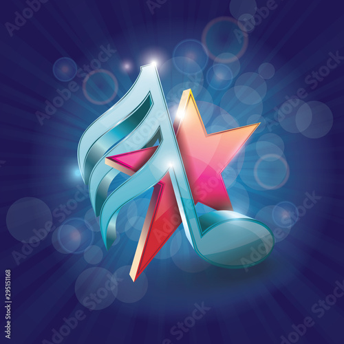 3D shiny colorful musical note with star on abstract background, vector.